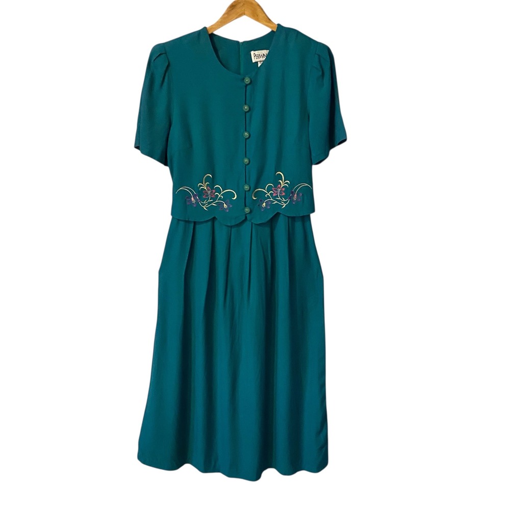 PERIWINKLE Vintage Teal Green Embroidered Button‎ Front Midi Dress Size 14